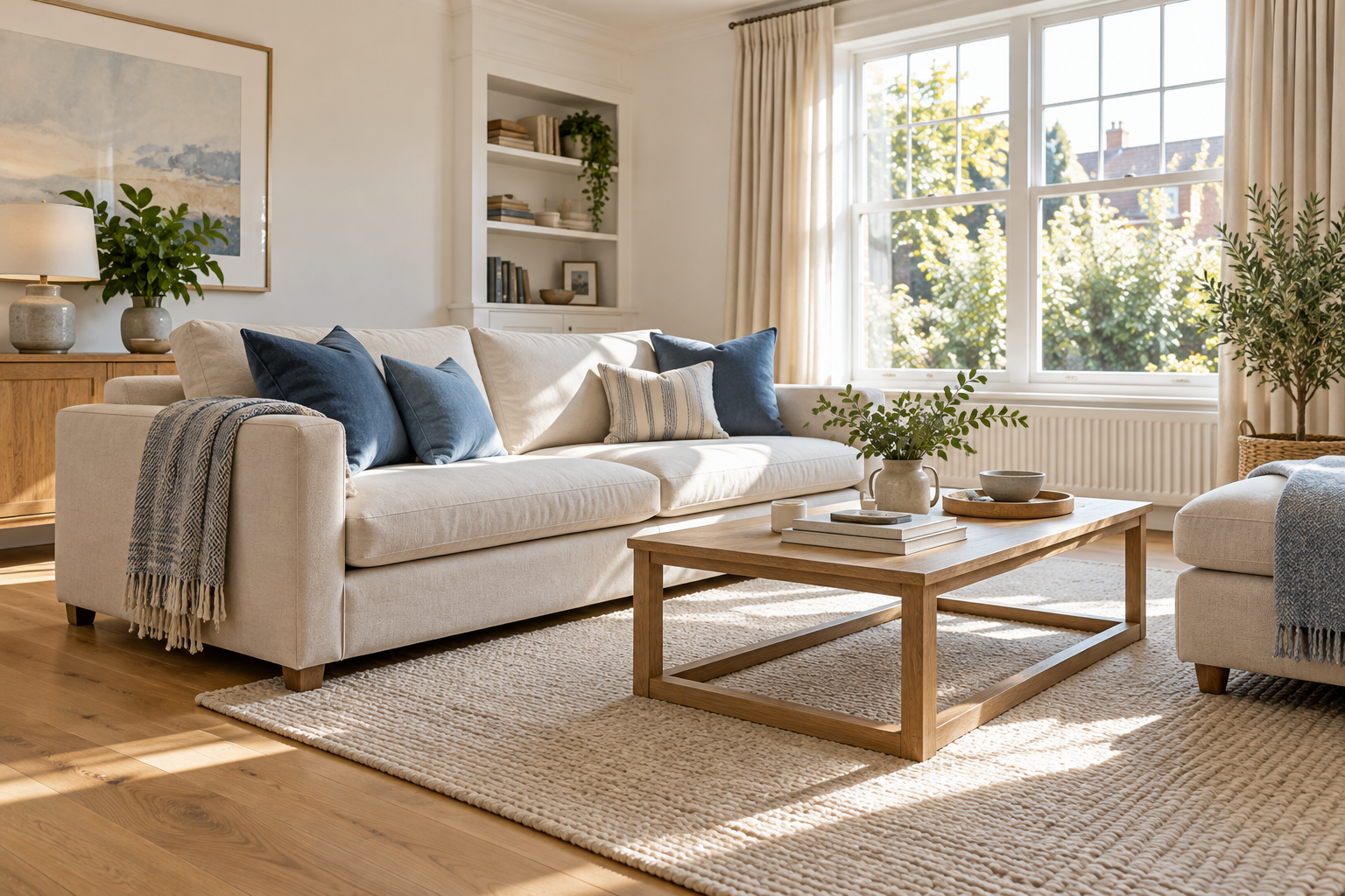 A bright, freshly tidied living room with a sofa and natural light